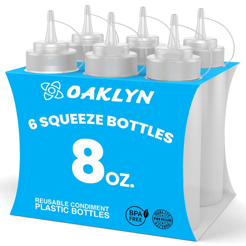 Oaklyn Squeeze Bottles 8oz 6 Pack - Reusable Condiment Bottles for Sauces Liquids BPA-Free Leak Proof Design, Easy to Clean Plastic Squeeze Bottles with Nozzle - Image 1